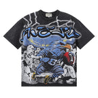 MAJESTIK Electric Lightning Cyber Football Player Graphic T-Shirt Unisex Acid Wash Black Y2K Athletic Oversized Streetwear Short Sleeve Top