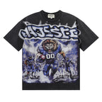MAJESTIK Cyber Beast Gorilla Football Graphic T-Shirt Unisex Acid Wash Black Y2K Electric Lightning Oversized Streetwear Short Sleeve Top