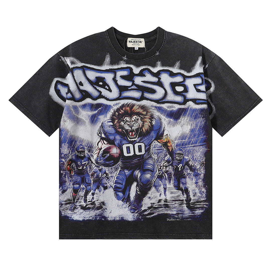 MAJESTIK Cyber Beast Gorilla Football Graphic T-Shirt Unisex Acid Wash Black Y2K Electric Lightning Oversized Streetwear Short Sleeve Top
