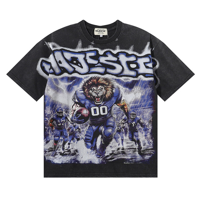 MAJESTIK Cyber Beast Gorilla Football Graphic T-Shirt Unisex Acid Wash Black Y2K Electric Lightning Oversized Streetwear Short Sleeve Top Main Image