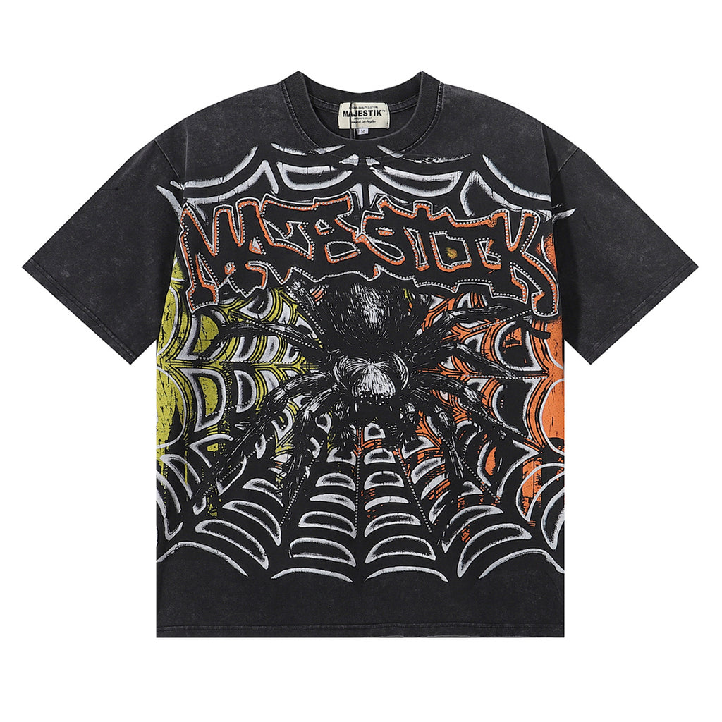 MAJESTIK Giant Spider Web Graphic T-Shirt Unisex Acid Wash Black Y2K Gothic Streetwear Oversized Short Sleeve Top