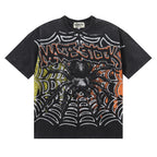 MAJESTIK Giant Spider Web Graphic T-Shirt Unisex Acid Wash Black Y2K Gothic Streetwear Oversized Short Sleeve Top