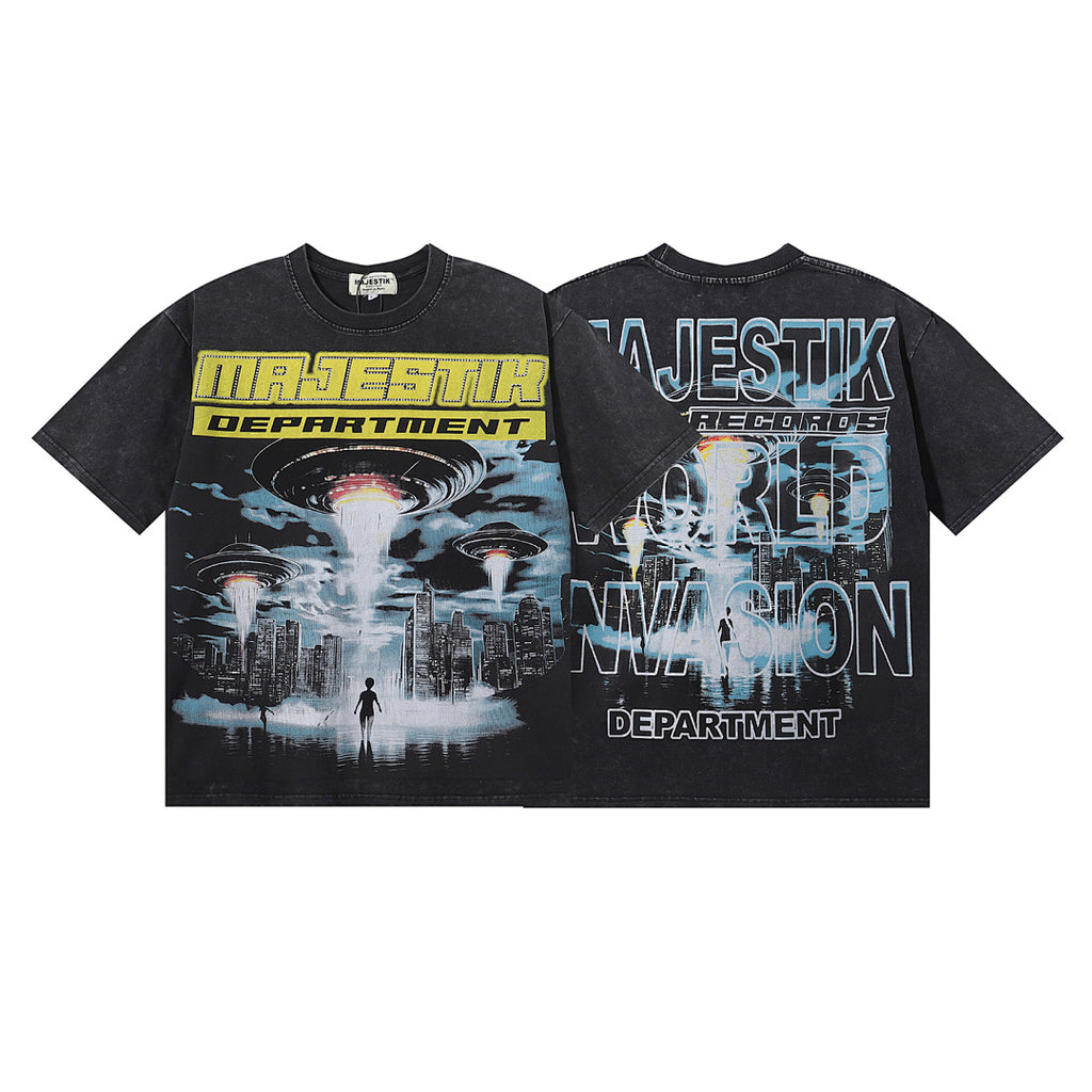 MAJESTIK World Invasion UFO Graphic T-Shirt Unisex Acid Wash Black Y2K Cyberpunk Sci-Fi Heavyweight Oversized Streetwear Short Sleeve Top