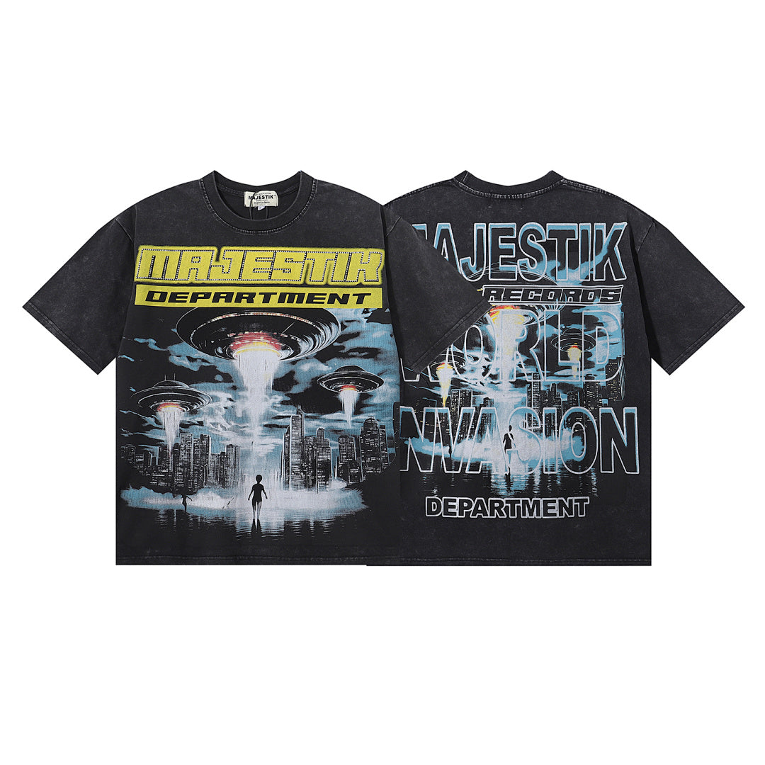MAJESTIK World Invasion UFO Graphic T-Shirt Unisex Acid Wash Black Y2K Cyberpunk Sci-Fi Heavyweight Oversized Streetwear Short Sleeve Top