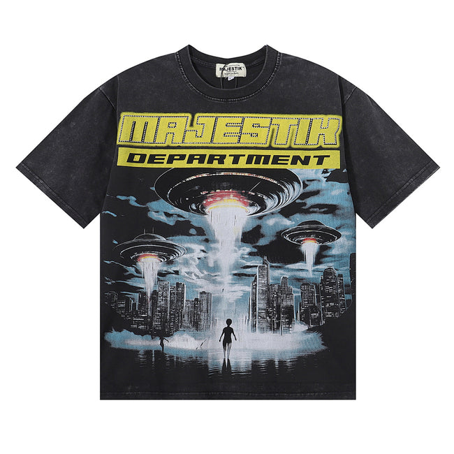 MAJESTIK World Invasion UFO Graphic T-Shirt Unisex Acid Wash Black Y2K Cyberpunk Sci-Fi Heavyweight Oversized Streetwear Short Sleeve Top Main Image