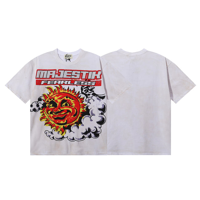 MAJESTIK Fearless Sun Graphic T-Shirt Unisex Washed Light Grey Y2K Vintage Retro Racing Oversized Streetwear Short Sleeve Top Hover Image