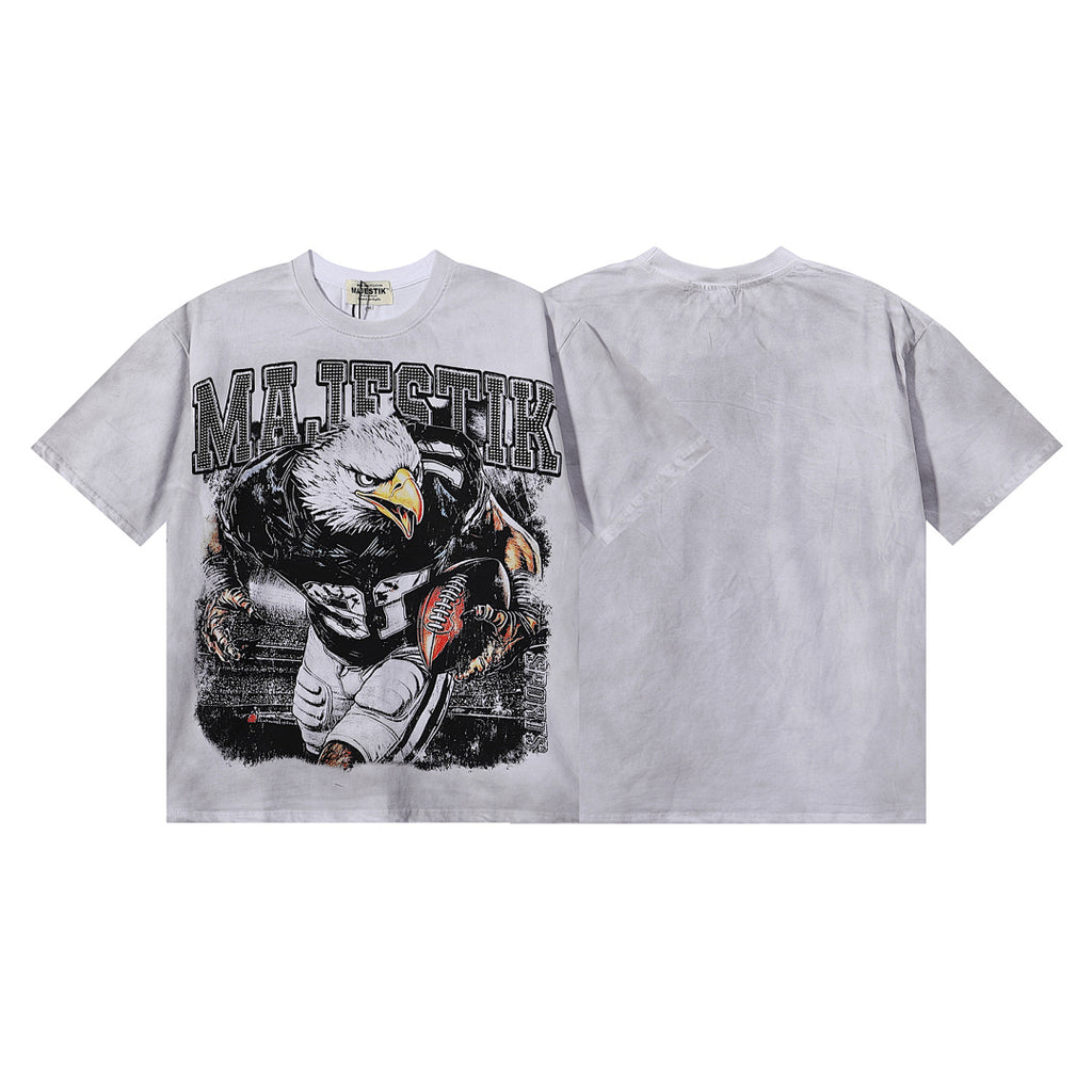 MAJESTIK Eagle Football Mascot Graphic T-Shirt Unisex Washed Grey Y2K Sports Varsity Oversized Streetwear Short Sleeve Top