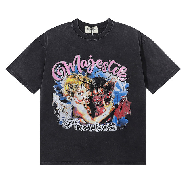 MAJESTIK Vintage Cherub Angel Graphic T-Shirt Unisex Acid Wash Black Y2K Pink Script Fearless Oversized Streetwear Short Sleeve Top Hover Image