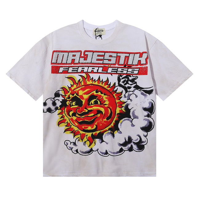 MAJESTIK Fearless Sun Graphic T-Shirt Unisex Washed Light Grey Y2K Vintage Retro Racing Oversized Streetwear Short Sleeve Top Main Image