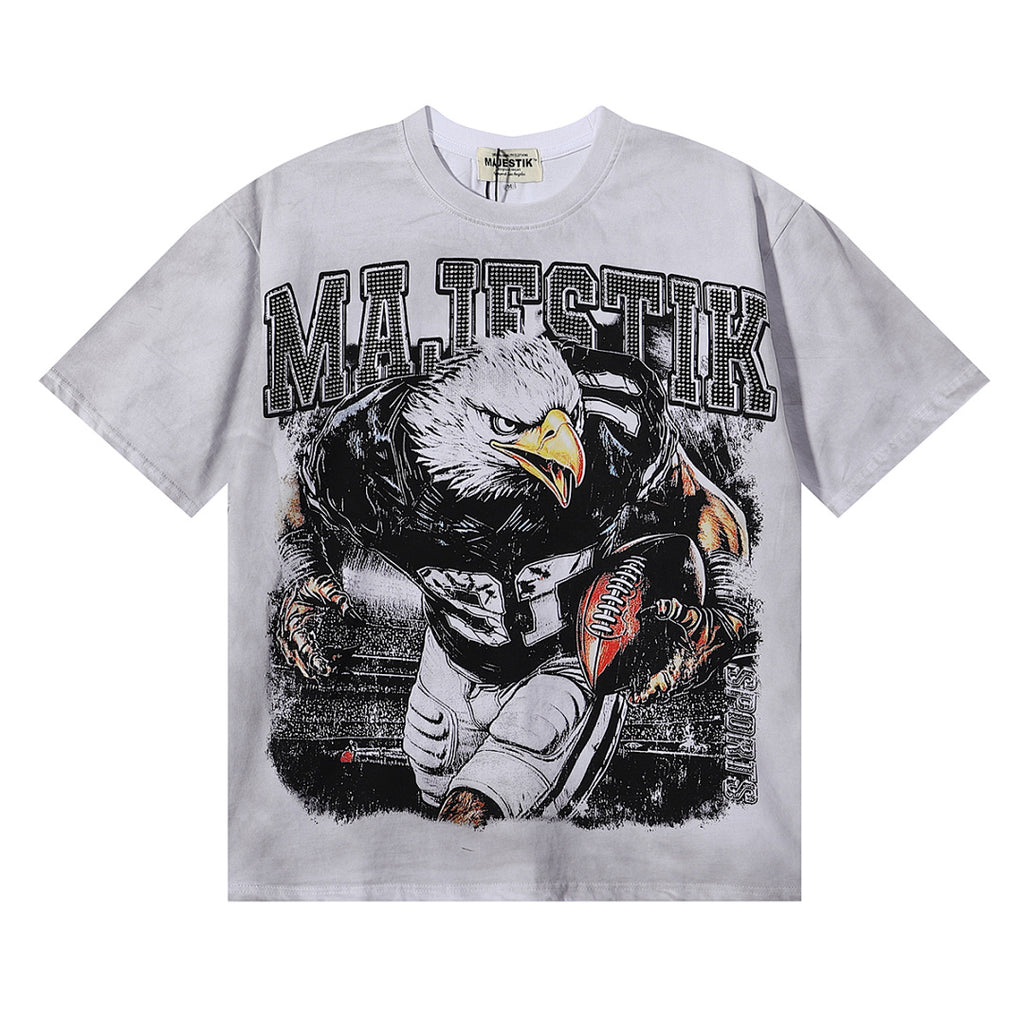 MAJESTIK Eagle Football Mascot Graphic T-Shirt Unisex Washed Grey Y2K Sports Varsity Oversized Streetwear Short Sleeve Top
