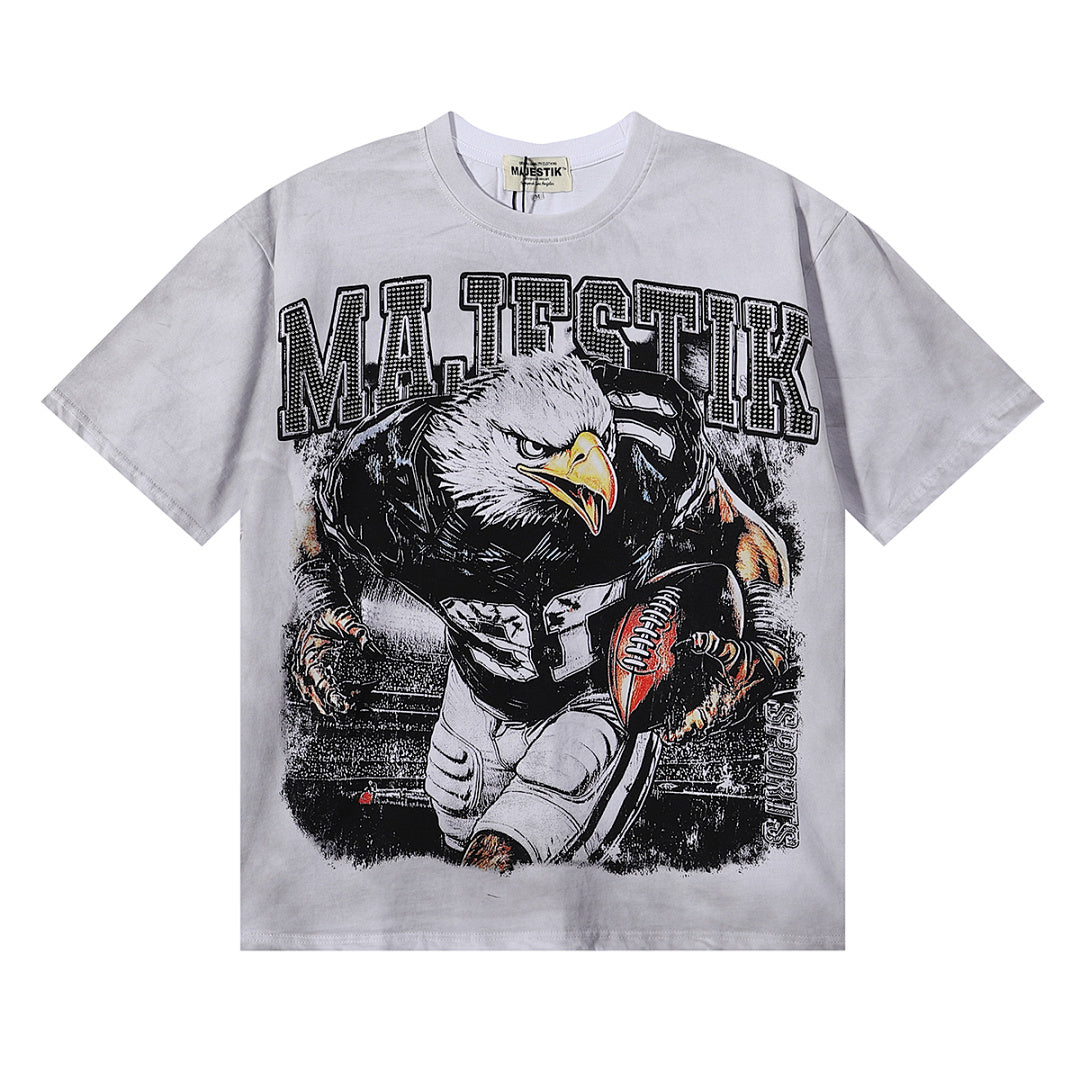 MAJESTIK Eagle Football Mascot Graphic T-Shirt Unisex Washed Grey Y2K Sports Varsity Oversized Streetwear Short Sleeve Top