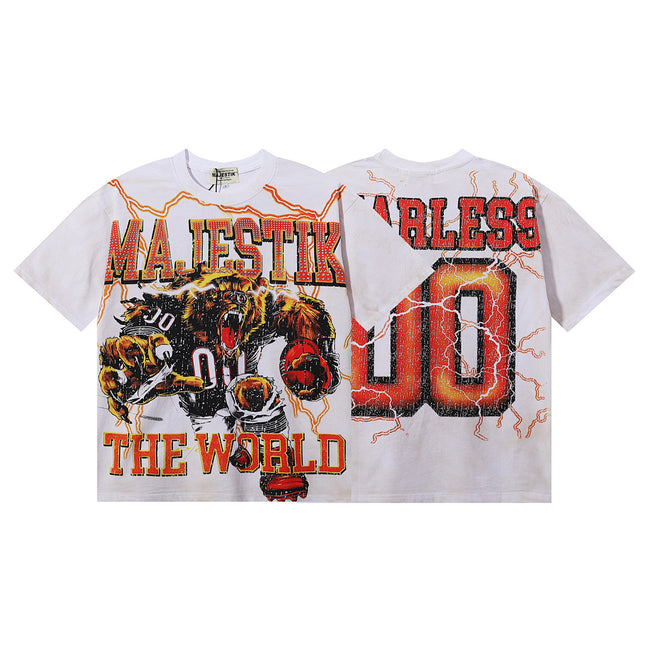 MAJESTIK Cyber Beast Football Graphic T-Shirt Unisex Washed White Y2K Orange Lightning Fearless 00 Varsity Oversized Streetwear Short Sleeve Top Hover Image