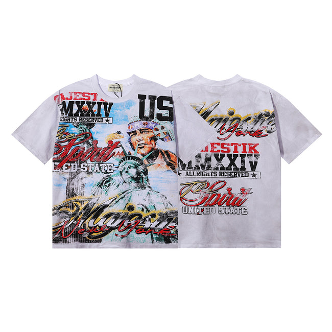 MAJESTIK Native American Liberty Graphic T-Shirt Unisex Washed Grey Y2K Vintage Americana MMXXIV Oversized Streetwear Short Sleeve Top Hover Image
