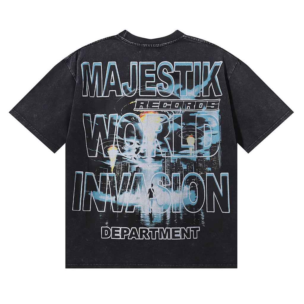 MAJESTIK World Invasion UFO Graphic T-Shirt Unisex Acid Wash Black Y2K Cyberpunk Sci-Fi Heavyweight Oversized Streetwear Short Sleeve Top