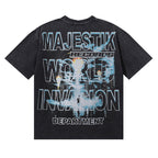 MAJESTIK World Invasion UFO Graphic T-Shirt Unisex Acid Wash Black Y2K Cyberpunk Sci-Fi Heavyweight Oversized Streetwear Short Sleeve Top
