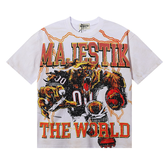 MAJESTIK Cyber Beast Football Graphic T-Shirt Unisex Washed White Y2K Orange Lightning Fearless 00 Varsity Oversized Streetwear Short Sleeve Top Main Image