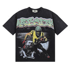 MAJESTIK Football Player Hound Graphic T-Shirt Unisex Acid Wash Black Y2K Cyber Athletic Dual-Sided Oversized Streetwear Short Sleeve Top