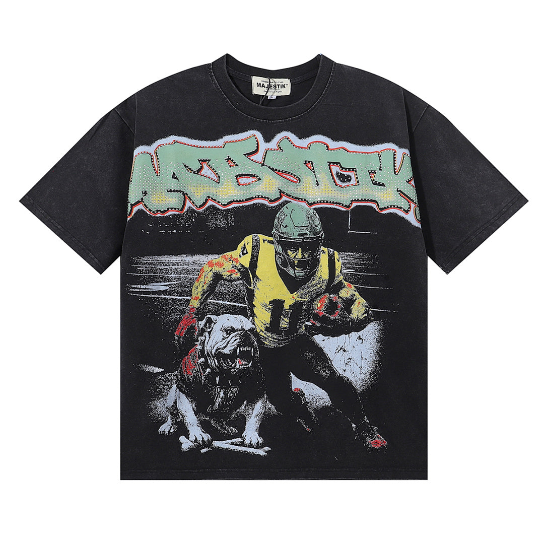 MAJESTIK Football Player Hound Graphic T-Shirt Unisex Acid Wash Black Y2K Cyber Athletic Dual-Sided Oversized Streetwear Short Sleeve Top