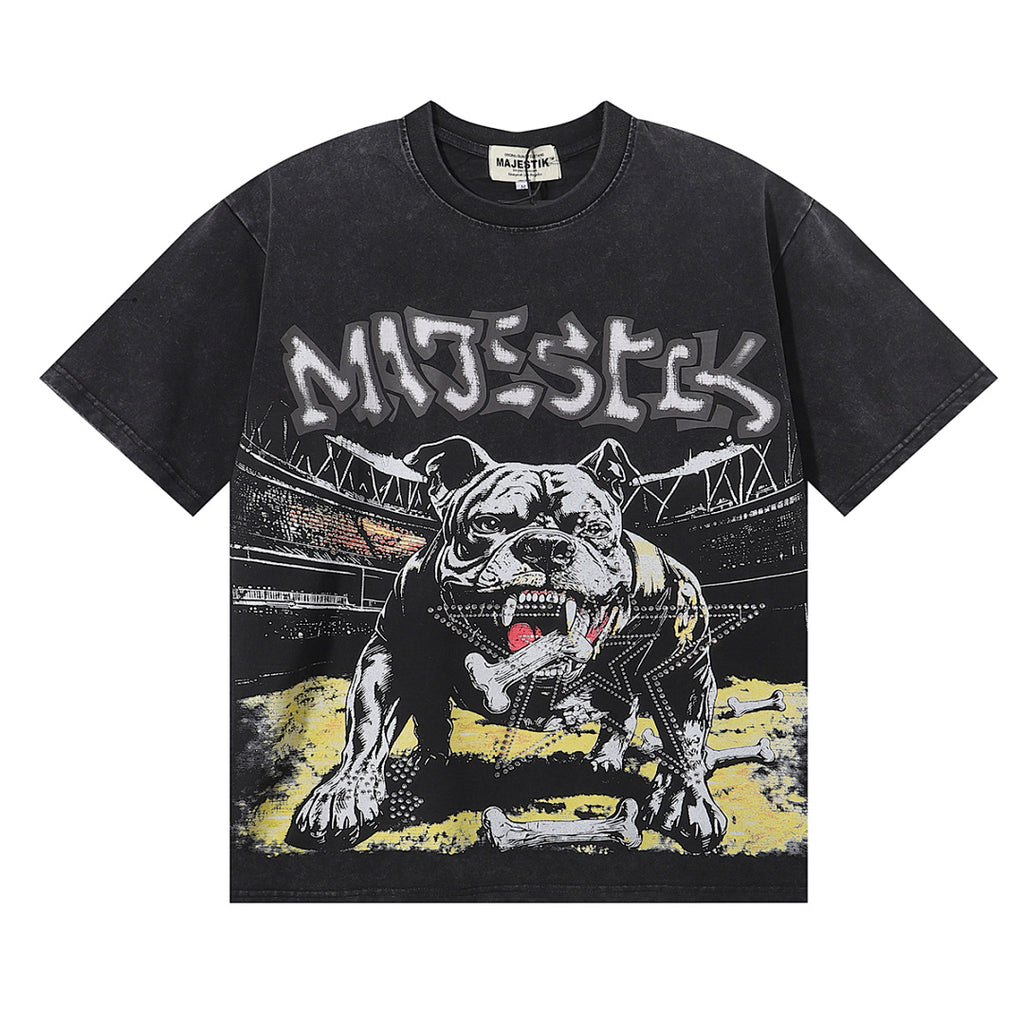 MAJESTIK Pitbull Dog Mascot Graphic T-Shirt Unisex Acid Wash Black Y2K Gothic Heavy Metal Oversized Streetwear Short Sleeve Top