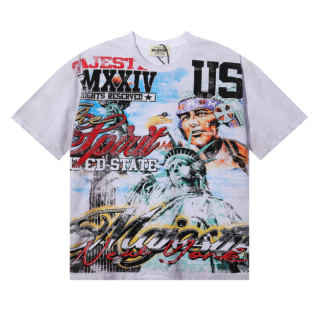 MAJESTIK Native American Liberty Graphic T-Shirt Unisex Washed Grey Y2K Vintage Americana MMXXIV Oversized Streetwear Short Sleeve Top Main Image