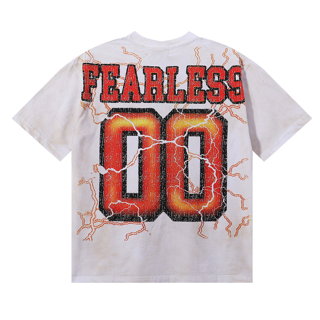 MAJESTIK Cyber Beast Football Graphic T-Shirt Unisex Washed White Y2K Orange Lightning Fearless 00 Varsity Oversized Streetwear Short Sleeve Top