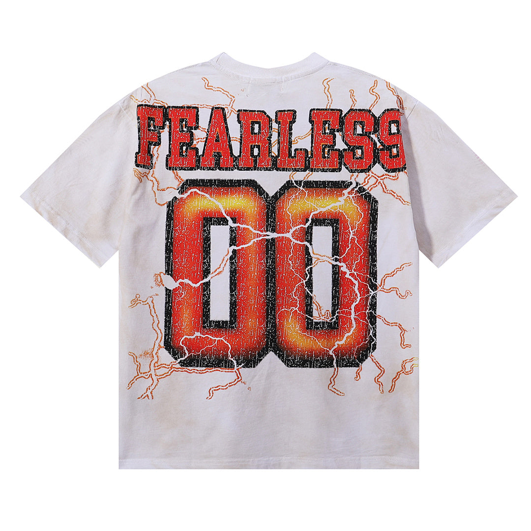 MAJESTIK Cyber Beast Football Graphic T-Shirt Unisex Washed White Y2K Orange Lightning Fearless 00 Varsity Oversized Streetwear Short Sleeve Top