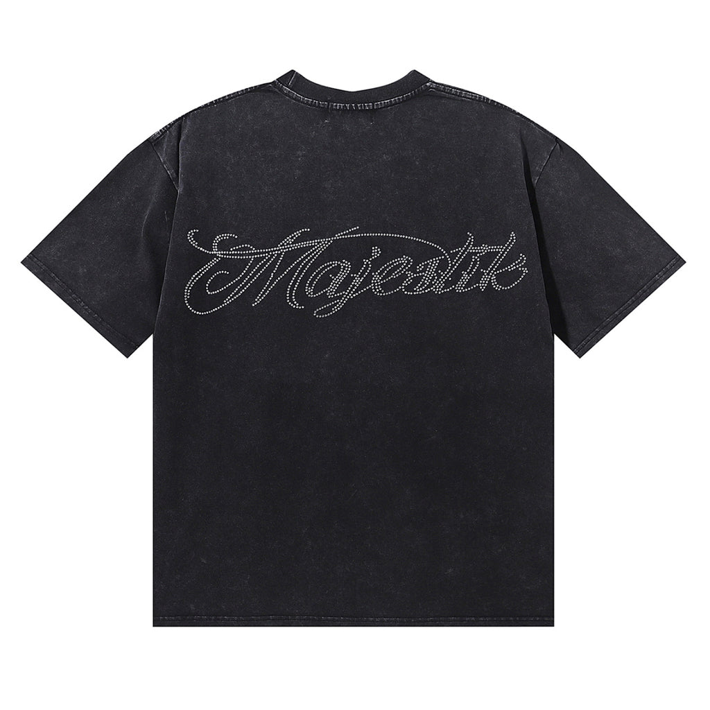 MAJESTIK Football Player Hound Graphic T-Shirt Unisex Acid Wash Black Y2K Cyber Athletic Dual-Sided Oversized Streetwear Short Sleeve Top