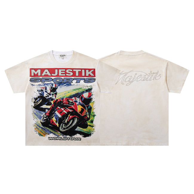 MAJESTIK Superbike Racing Graphic T-Shirt Unisex Washed Cream Y2K Biker Sports Dual-Sided Heavyweight Oversized Streetwear Short Sleeve Top Hover Image