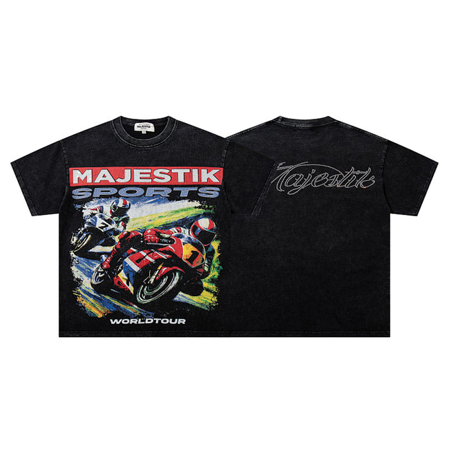 MAJESTIK Superbike Racing Graphic T-Shirt Unisex Acid Wash Black Y2K Biker Sports Dual-Sided Heavyweight Oversized Streetwear Short Sleeve Top Hover Image