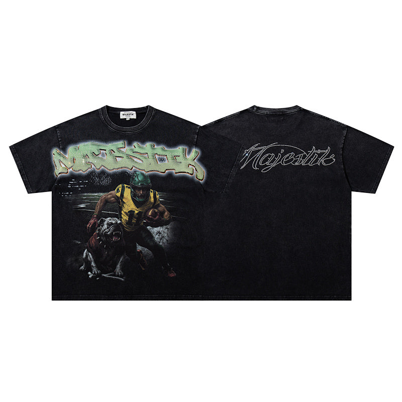 MAJESTIK Football Player Graphic T-Shirt Unisex Acid Wash Black Y2K Athletic Sports Oversized Streetwear Short Sleeve Top