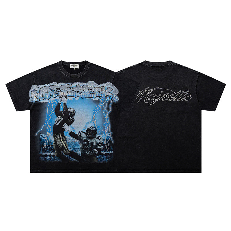 MAJESTIK Electric Lightning Football Player Graphic T-Shirt Unisex Acid Wash Black Y2K Cyber Athletic Oversized Streetwear Short Sleeve Top