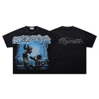 MAJESTIK Electric Lightning Football Player Graphic T-Shirt Unisex Acid Wash Black Y2K Cyber Athletic Oversized Streetwear Short Sleeve Top