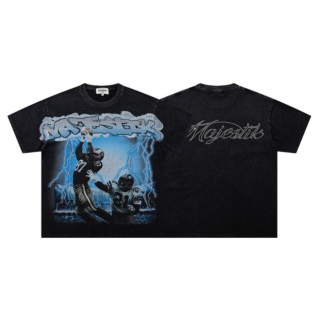 MAJESTIK Electric Lightning Football Player Graphic T-Shirt Unisex Acid Wash Black Y2K Cyber Athletic Oversized Streetwear Short Sleeve Top Hover Image
