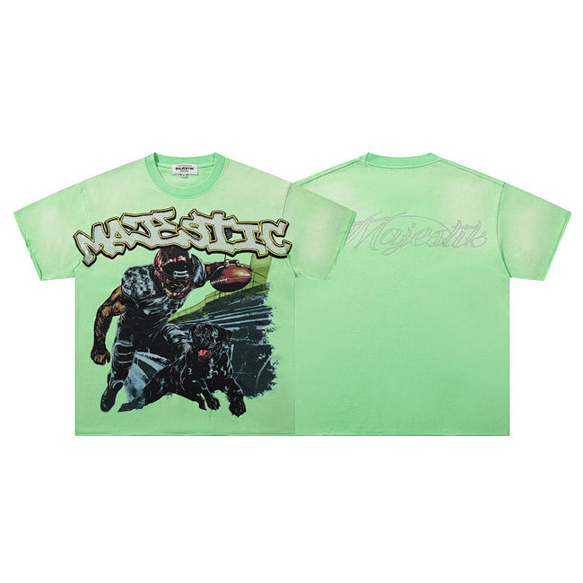 MAJESTIK Football Player & Guard Dog Graphic T-Shirt Unisex Light Green Y2K Vintage Washed Rhinestone Oversized Streetwear Short Sleeve Top Hover Image