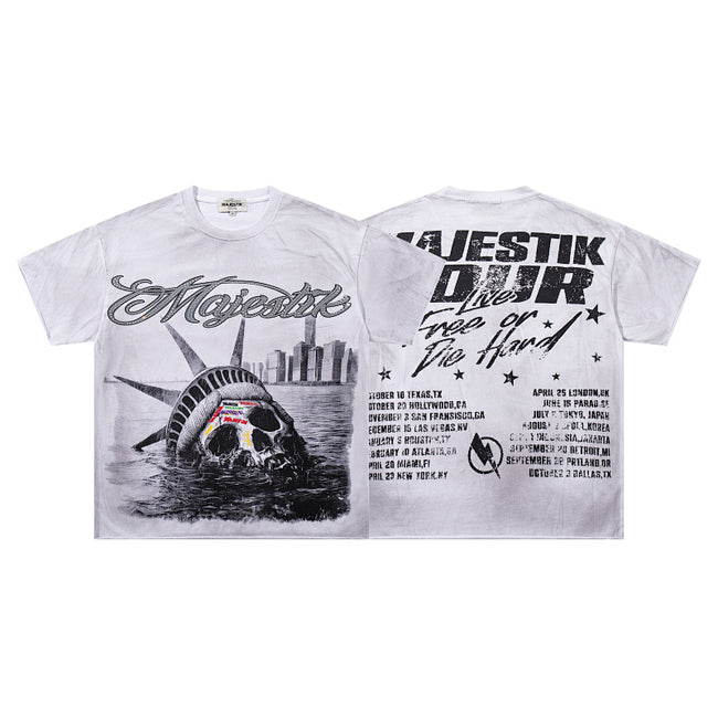 MAJESTIK Liberty Skull World Tour Graphic T-Shirt Unisex Vintage White Y2K Cyber Punk Heavyweight Oversized Streetwear Short Sleeve Top Hover Image