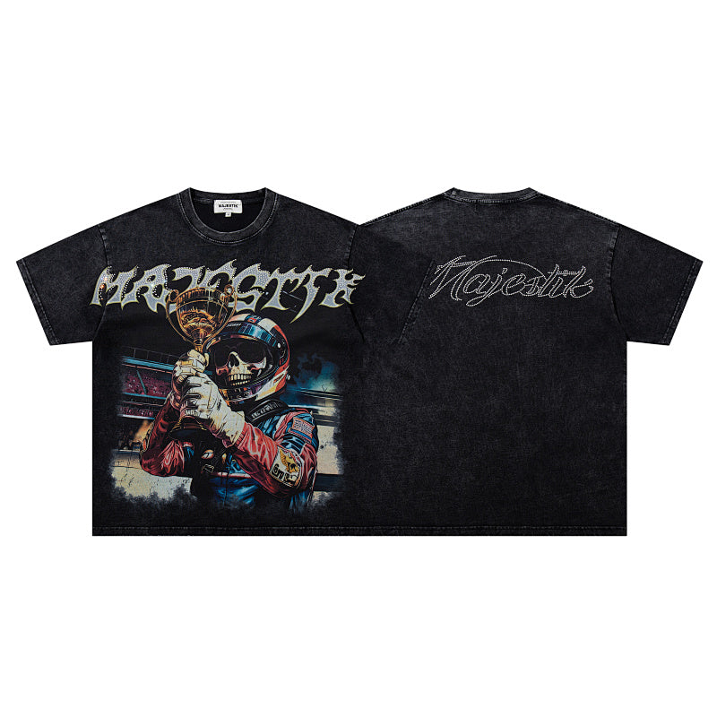 MAJESTIK Racing Champion Trophy Graphic T-Shirt Unisex Acid Wash Black Y2K Motorsport Oversized Streetwear Short Sleeve Top