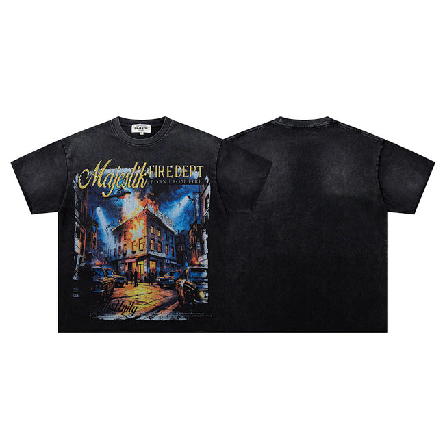 MAJESTIK City Heist Graphic T-Shirt Unisex Acid Wash Black Y2K Vintage Cinematic Noir Oversized Streetwear Short Sleeve Top Hover Image