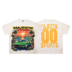 MAJESTIK Paradise Supercar Graphic T-Shirt Unisex Cream Off-White Y2K Retro Sunset Palm Tree Oversized Streetwear Short Sleeve Top