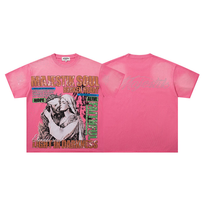 MAJESTIK Light In Darkness Angel Graphic T-Shirt Unisex Hot Pink Acid Wash Y2K Renaissance Sculpture Oversized Streetwear Short Sleeve Top Hover Image