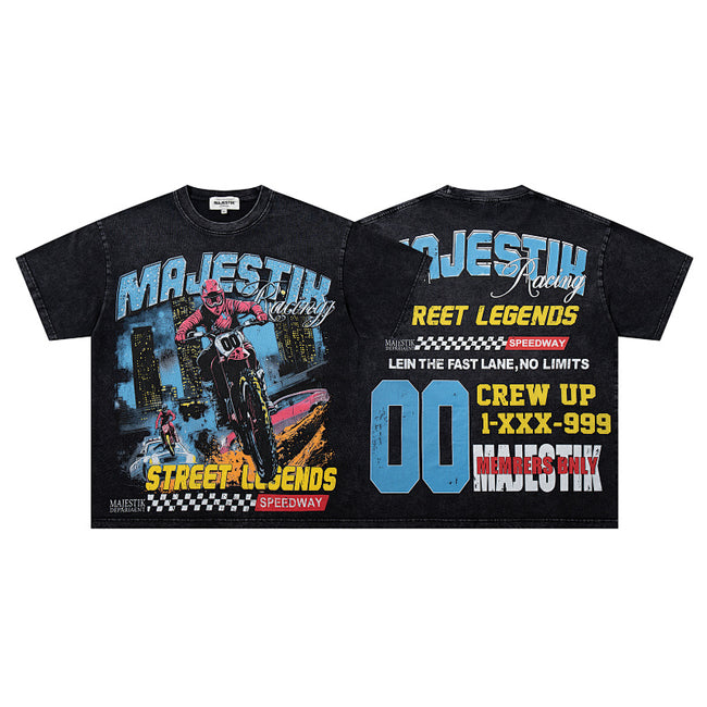 MAJESTIK Street Legends Motocross Graphic T-Shirt Unisex Acid Wash Black Y2K Racing Speedway Oversized Streetwear Short Sleeve Top Hover Image