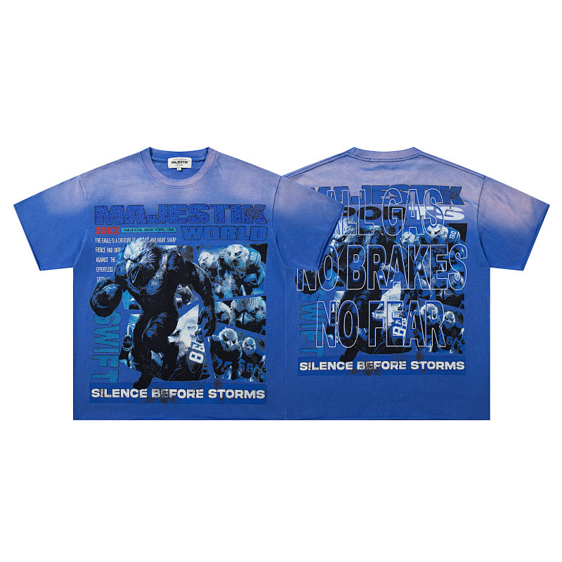 MAJESTIK Silence Before Storms Graphic T-Shirt Unisex Acid Wash Royal Blue Y2K Sports World Oversized Streetwear Short Sleeve Top