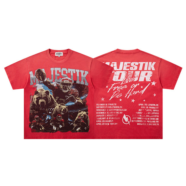 MAJESTIK Football Grizzly World Tour Graphic T-Shirt Unisex Red Y2K Live Free Or Die Hard Oversized Streetwear Short Sleeve Top Hover Image