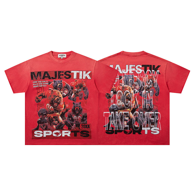 MAJESTIK Lock In Take Over Graphic T-Shirt Unisex Red Y2K Athletic Basketball Guard Dog Oversized Streetwear Short Sleeve Top