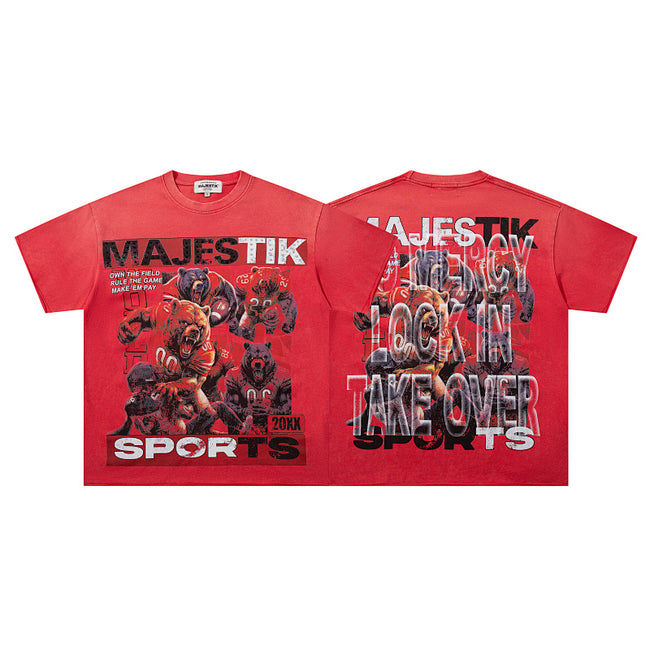 MAJESTIK Lock In Take Over Graphic T-Shirt Unisex Red Y2K Athletic Basketball Guard Dog Oversized Streetwear Short Sleeve Top Hover Image