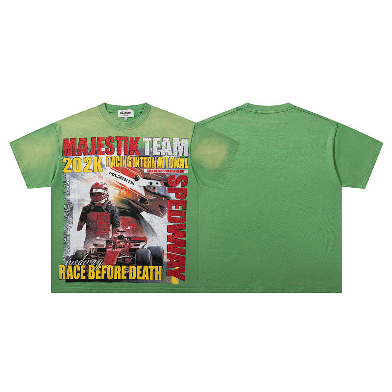 MAJESTIK F1 Racing Speedway Graphic T-Shirt Unisex Acid Wash Olive Green Y2K Motorsport Oversized Streetwear Short Sleeve Top