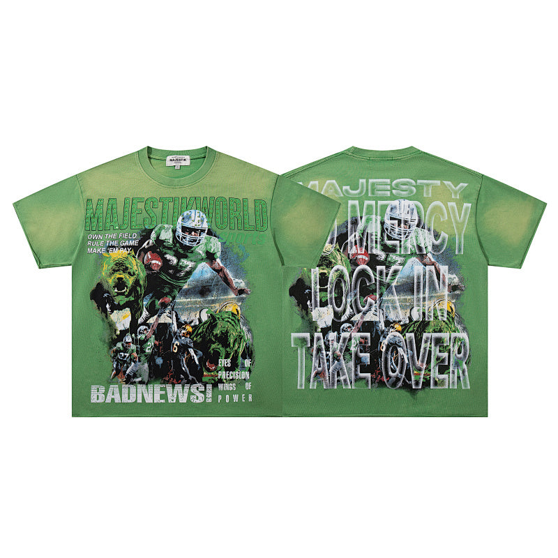 MAJESTIK No Mercy Football Graphic T-Shirt Unisex Acid Wash Green Y2K Sports Poster Oversized Streetwear Short Sleeve Top