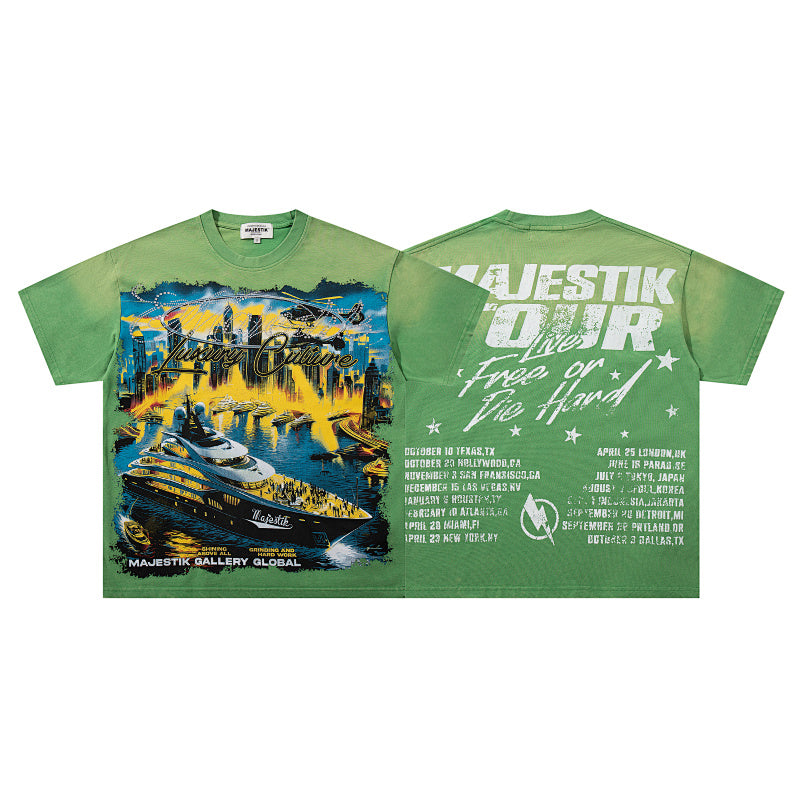 MAJESTIK Cyber Yacht World Tour Graphic T-Shirt Unisex Acid Wash Green Y2K Futuristic Skyline Oversized Streetwear Short Sleeve Top