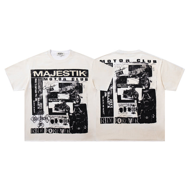 MAJESTIK Motor Club Graphic T-Shirt Unisex Cream Off-White Y2K Vintage Biker Racing Oversized Streetwear Short Sleeve Top Hover Image