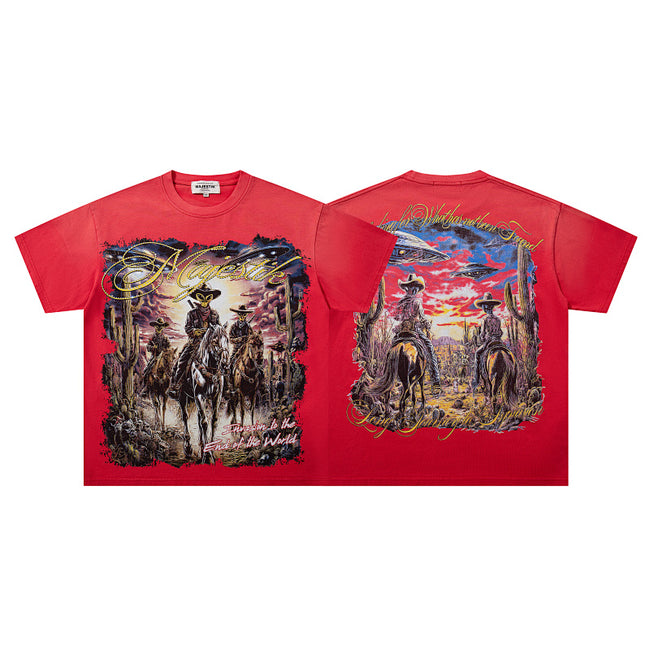 MAJESTIK Western Cowboy Horse Rider Graphic T-Shirt Unisex Red Y2K Vintage Desert Sunset Oversized Streetwear Short Sleeve Top Hover Image