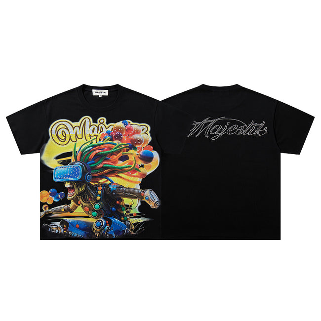 MAJESTIK Cyber VR Graphic T-Shirt Unisex Black Y2K Futuristic Gamer Oversized Streetwear Short Sleeve Top Hover Image